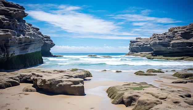 Foto uma praia com rochas e água