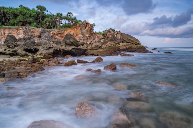Uma praia com rochas e árvores e o mar ao fundo