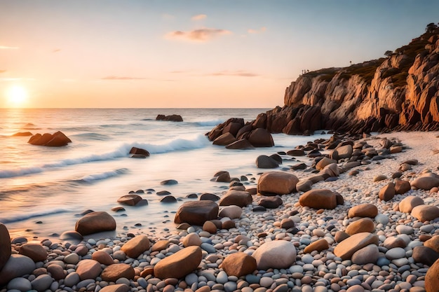 uma praia com rochas e um pôr-do-sol no fundo