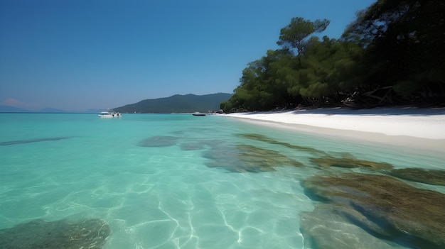 Uma praia com um barco na água