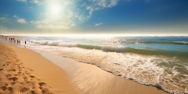 Uma praia com um céu azul e algumas pessoas