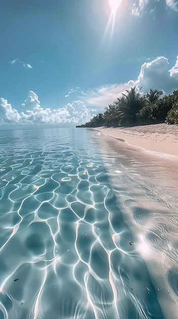 uma praia com um céu azul e nuvens