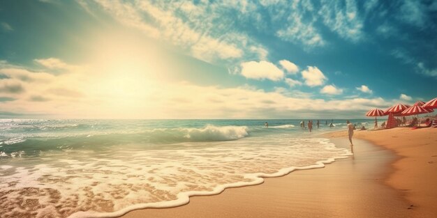 Uma praia com um céu azul e uma cena de praia