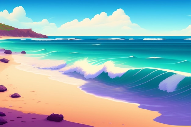 Uma praia com um céu azul e uma onda