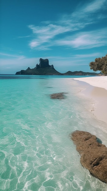 Uma praia com um céu azul e uma praia de areia branca com uma pequena ilha ao fundo.