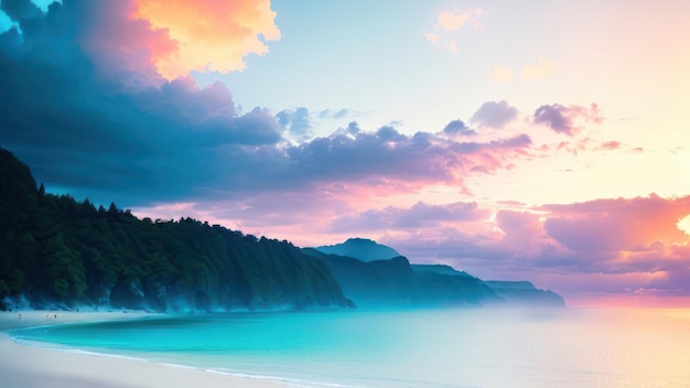 Uma praia com um céu rosa e um casal em primeiro plano