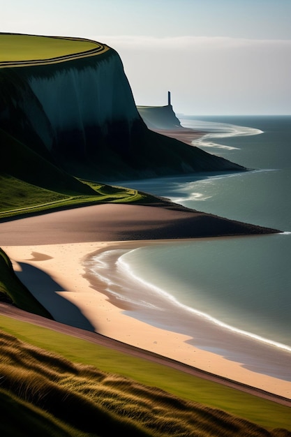 Uma praia com um farol ao fundo