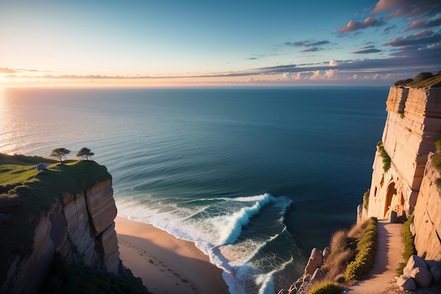 Uma praia com um farol