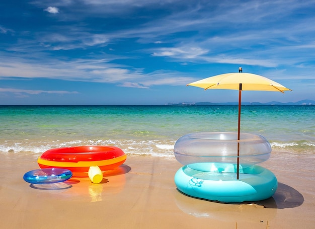 Uma praia com um guarda-chuva azul e um guarda-chuva amarelo