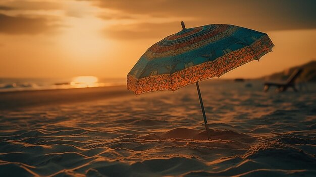 Uma praia com um guarda-chuva colorido