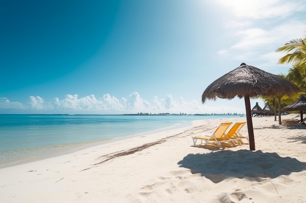 Uma praia com um guarda-sol de palha e cadeiras