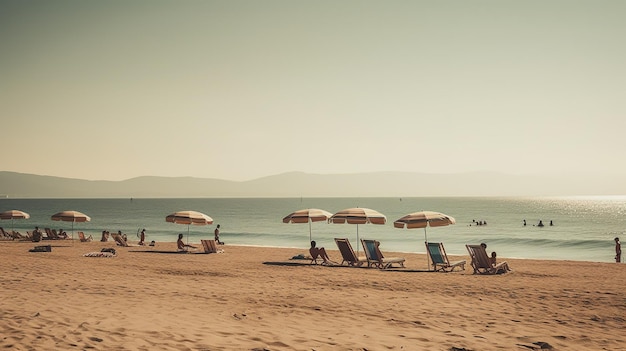 Uma praia com um guarda-sol e algumas pessoas nele