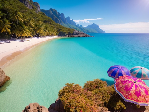 Uma praia com um oceano azul e dois guarda-chuvas na praia