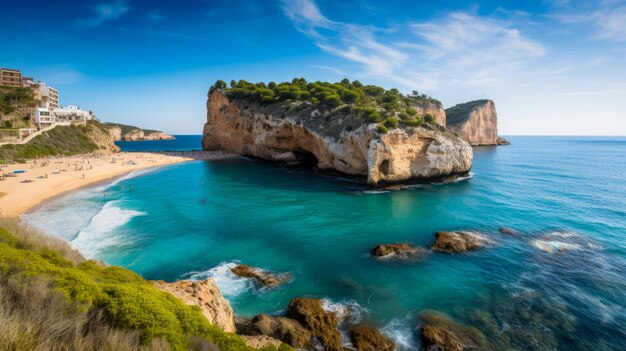 Uma praia com um oceano azul e uma falésia ao fundo