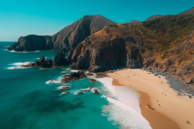 Uma praia com um oceano azul e uma falésia rochosa ao fundo