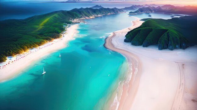 Uma praia com um oceano azul e uma praia de areia branca.