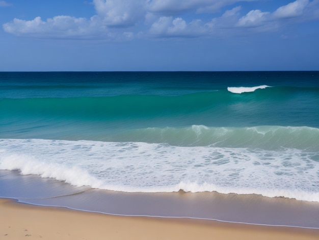 Uma praia com um oceano azul e verde