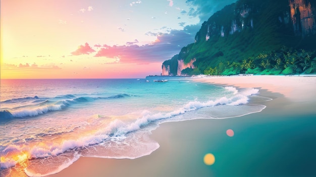 Uma praia com um pôr do sol e o mar