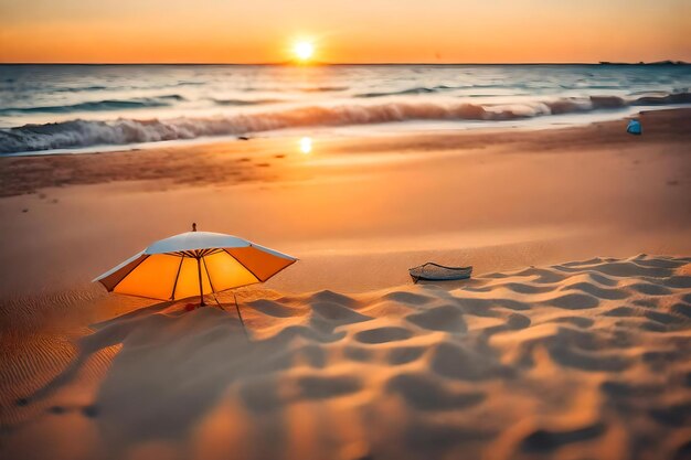 Foto uma praia com um pôr-do-sol e um guarda-chuva