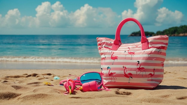 uma praia com um saco e uma bolsa rosa nele