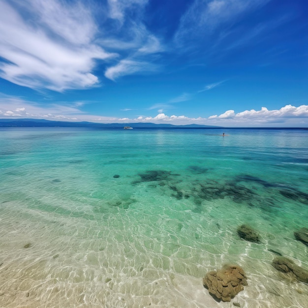 Uma praia com uma água azul clara e uma praia de areia branca e um céu azul com nuvens.