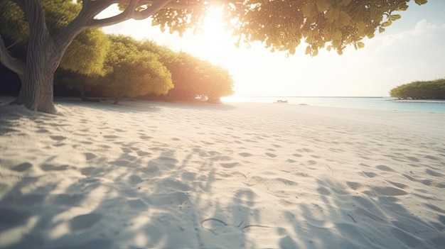 Uma praia com uma árvore e um homem de camisa vermelha