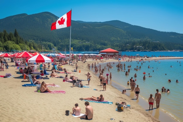 Foto uma praia com uma bandeira canadense