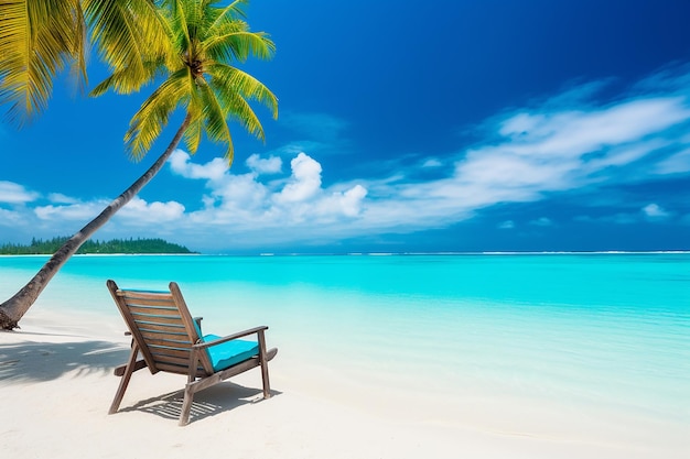 Uma praia com uma cadeira e uma palmeira