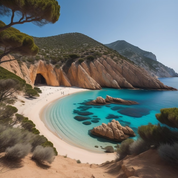 Uma praia com uma caverna no meio