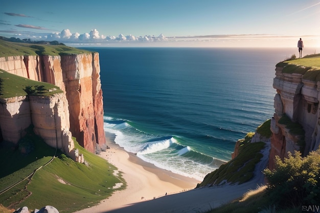 Uma praia com uma falésia à esquerda e o mar ao fundo.