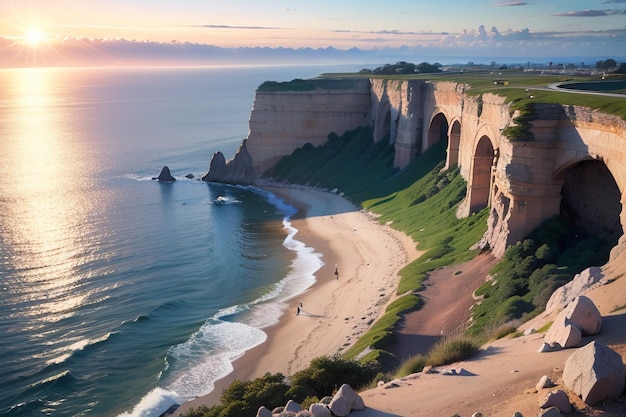 Uma praia com uma falésia ao fundo