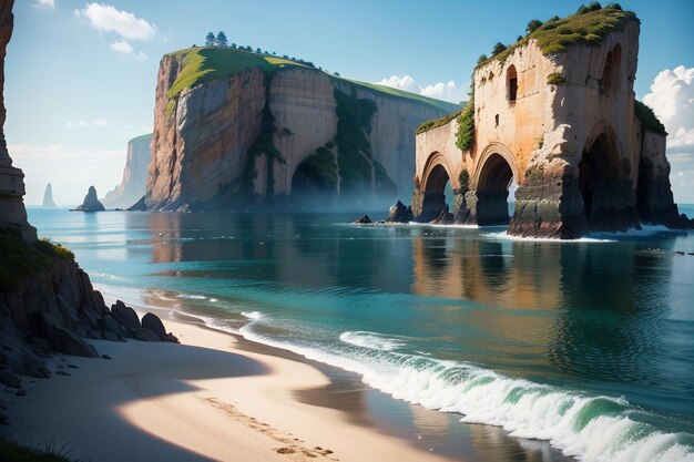 Uma praia com uma falésia ao fundo