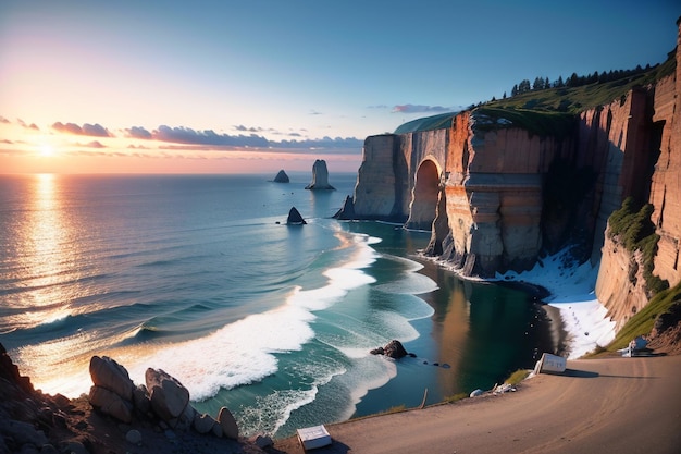 Uma praia com uma falésia e o oceano ao fundo