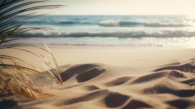 Foto uma praia com uma folha de palmeira em primeiro plano