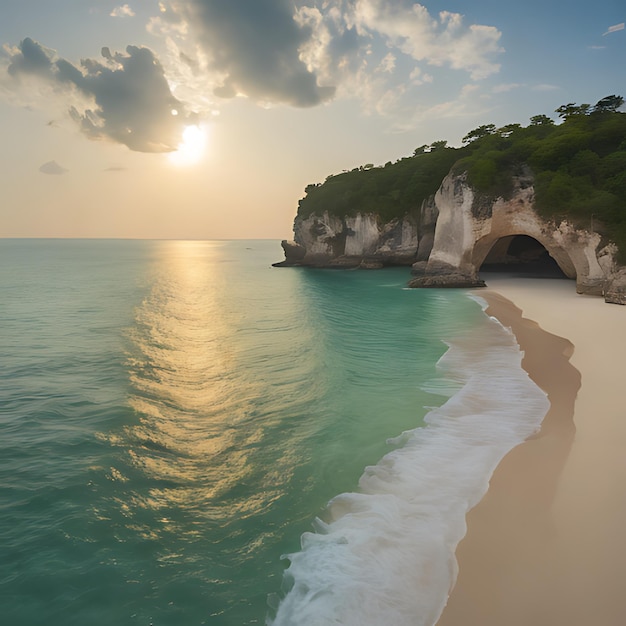 Foto uma praia com uma formação rochosa e o sol a pôr-se atrás dela