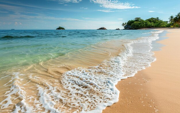 Foto uma praia com uma ilha verde ao fundo