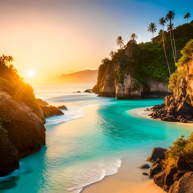 Uma praia com uma lagoa azul e palmeiras ao pôr do sol
