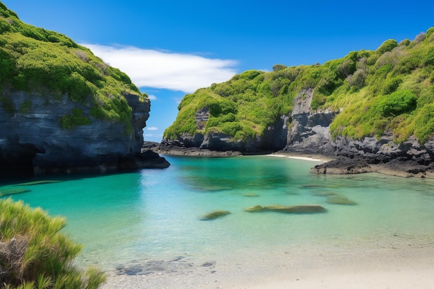 Uma praia com uma lagoa azul e uma falésia ao fundo