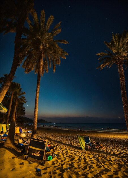 uma praia com uma lua cheia e uma cena de praia