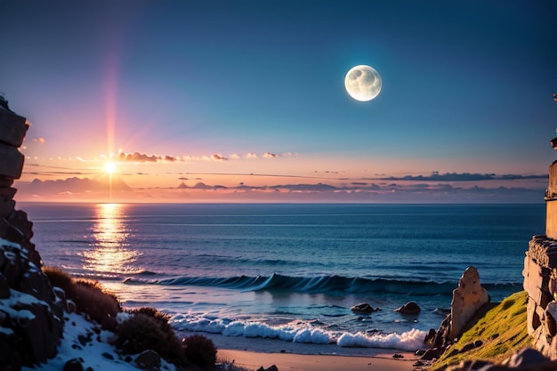 Uma praia com uma lua e o sol