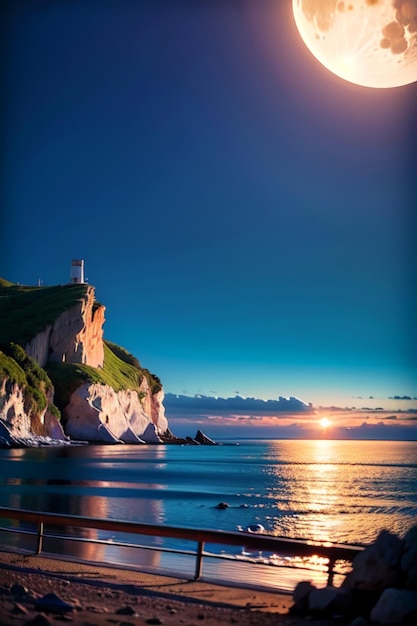 Uma praia com uma lua no horizonte