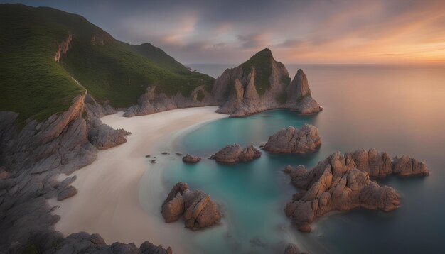 Foto uma praia com uma montanha ao fundo e uma cena de praia com uma montaña ao fundo