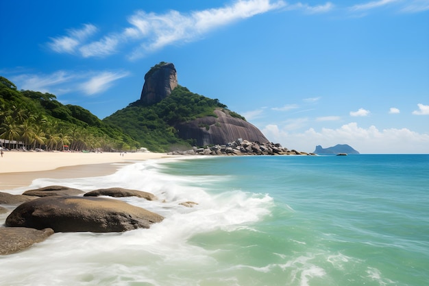 Uma praia com uma montanha ao fundo