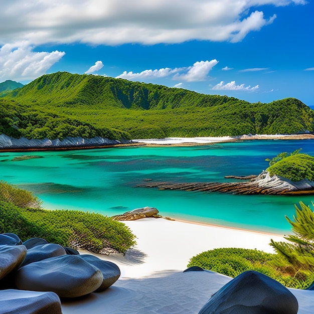 Uma praia com uma montanha ao fundo