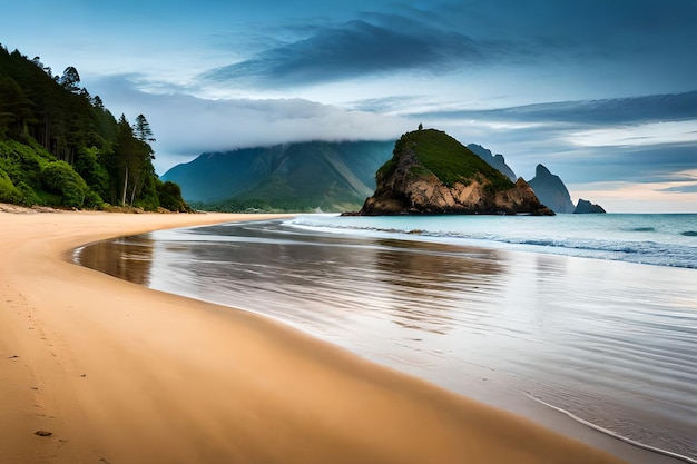 Uma praia com uma montanha ao fundo