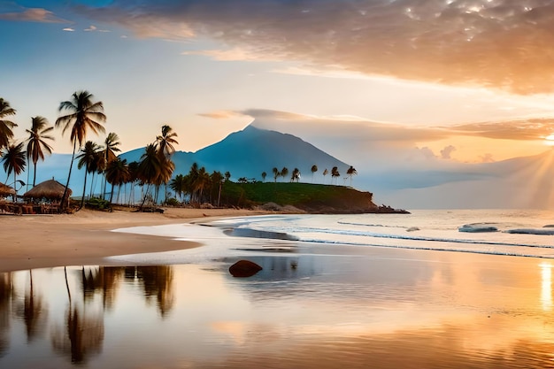 Uma praia com uma montanha ao fundo