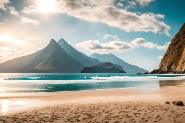 uma praia com uma montanha ao fundo