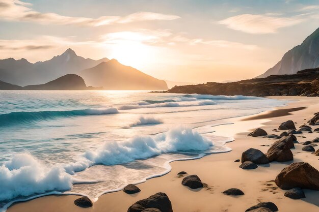 uma praia com uma montanha ao fundo