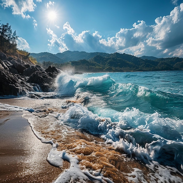 uma praia com uma onda que está prestes a bater nela