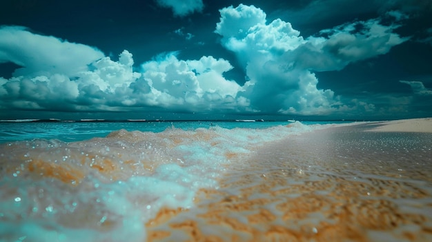 uma praia com uma onda que tem a palavra nela